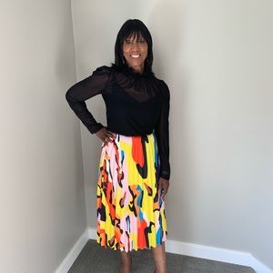 Neon Print Skirt and Bell Sleeve Blouse.
